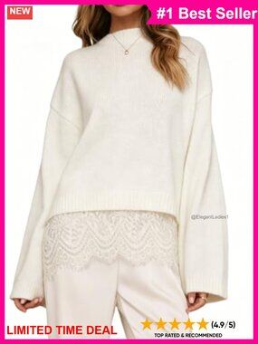 Women's Lace Trim Oversized Knit Pullover Sweater Crew Neck Cropped